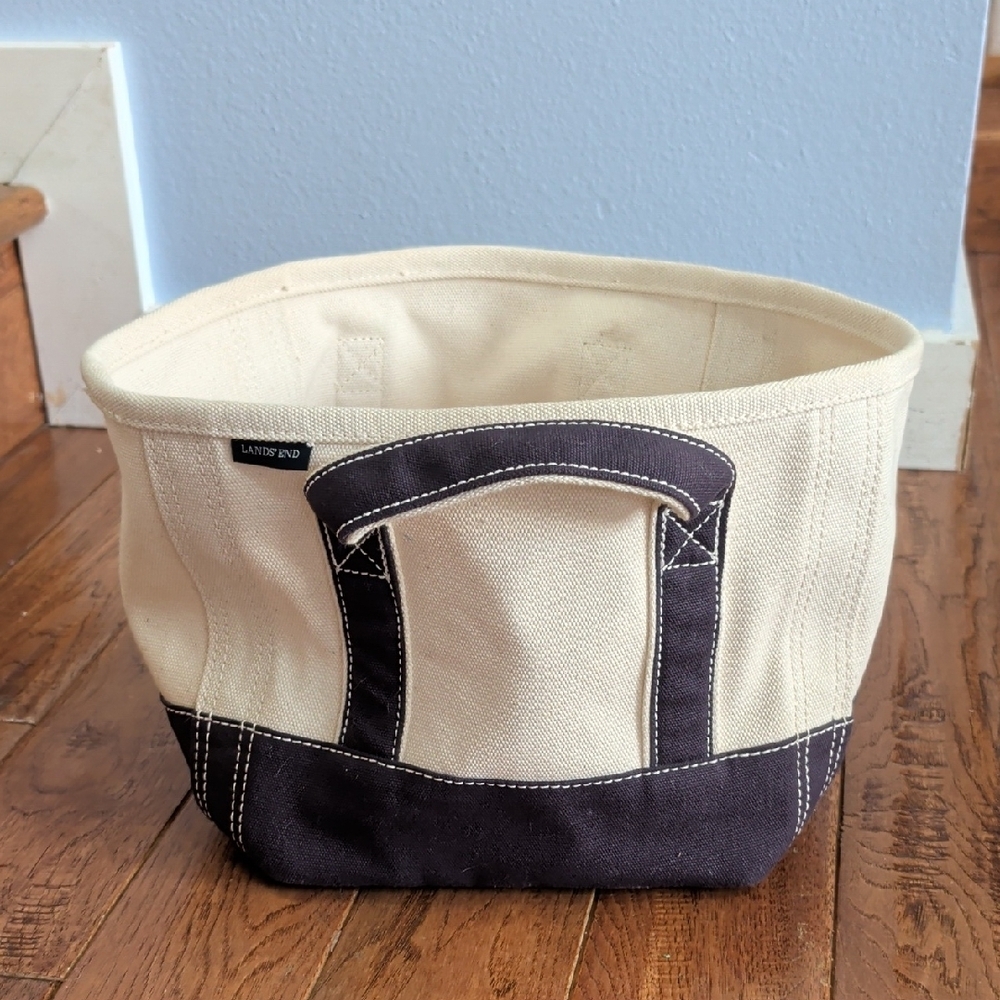 Lands' End Canvas Square Wide Body Storage Tote in Cream and Blue